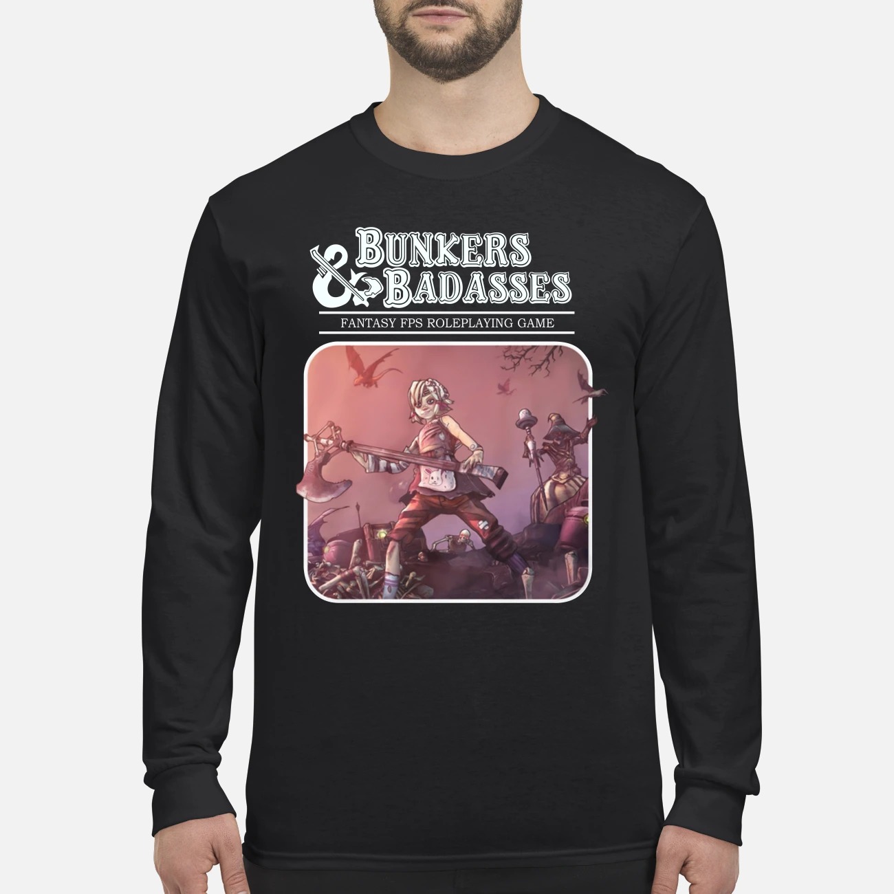 Bunkers and badasses fantasy fps game men's long sleeved shirt