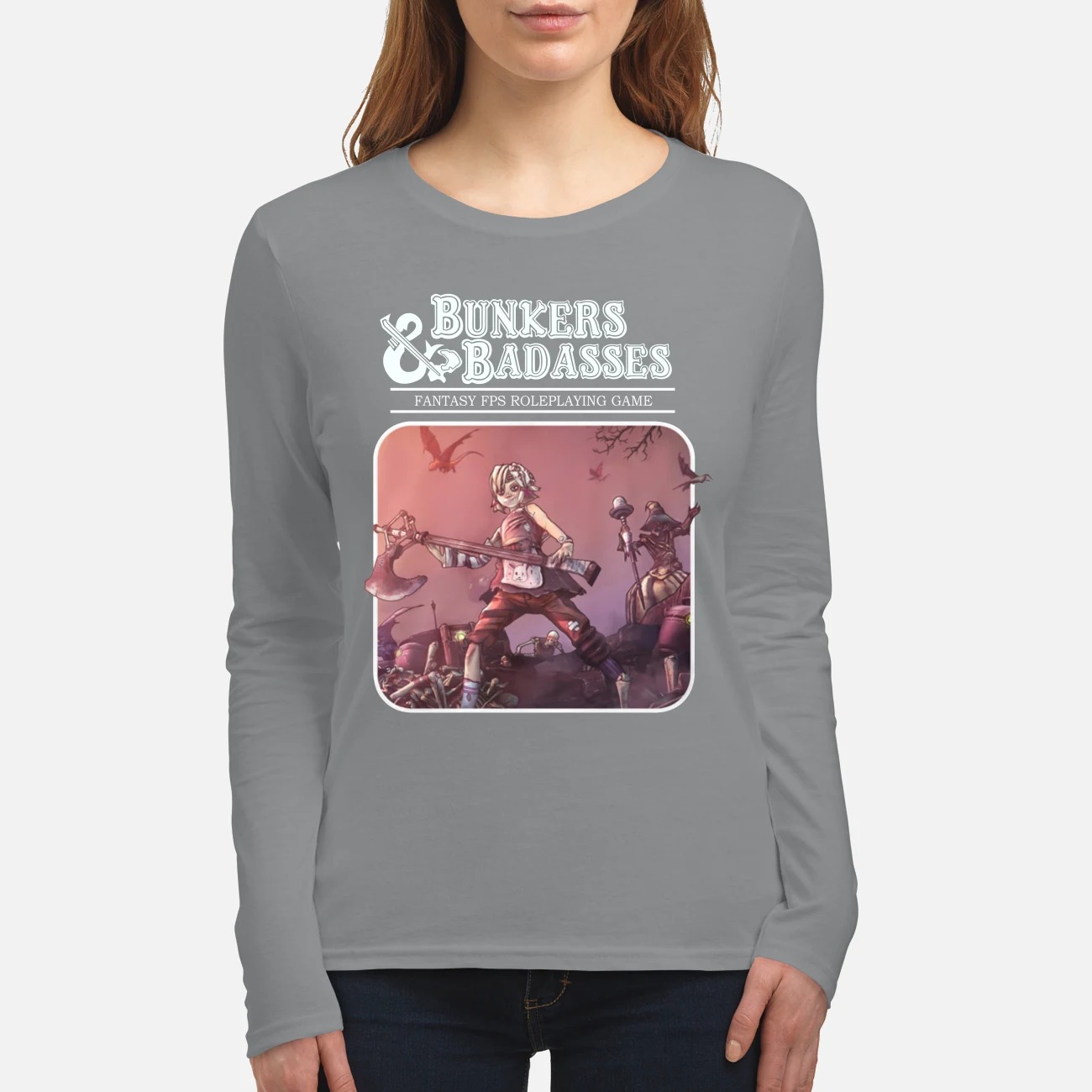 Bunkers and badasses fantasy fps game women's long sleeved shirt