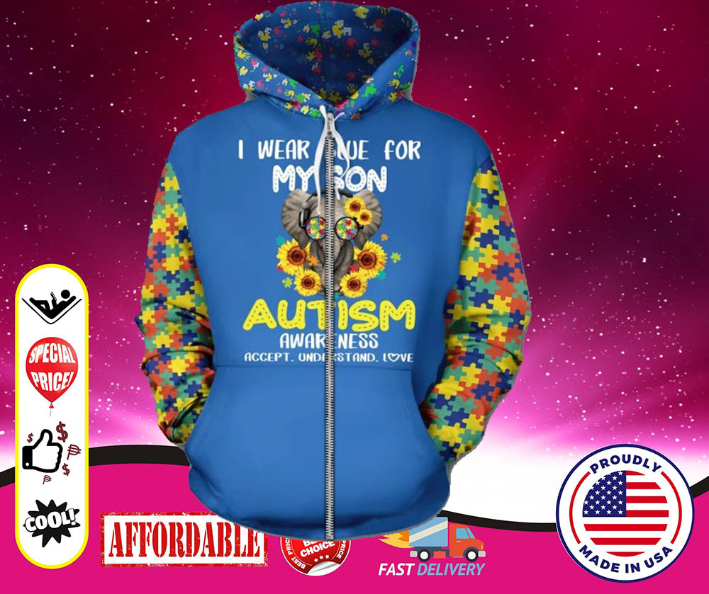 Elephant I wear blue for my son Autism awareness 3d zip hoodie