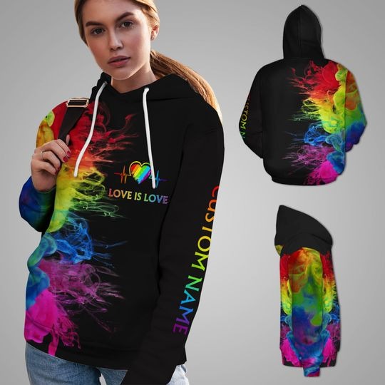 LGBT Love is love rainbow heartbeats custom name 3D hoodie 3