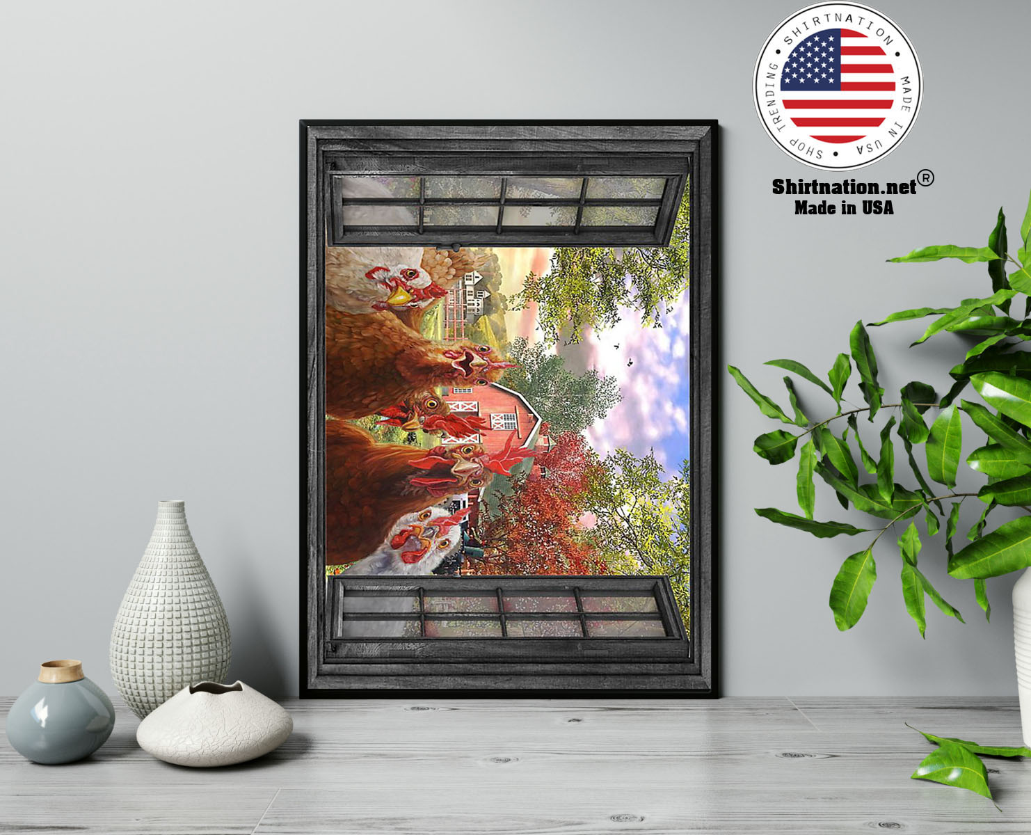 Rooster farmer window view poster 13