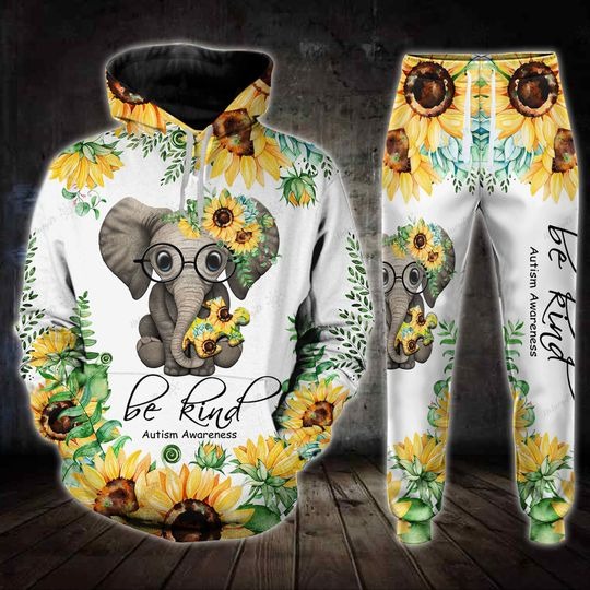 Sunflower elephant be kind autism awareness 3D hoodie and legging 1