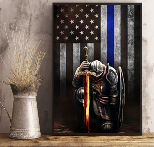Warrior knight american blue line flag canvas 1