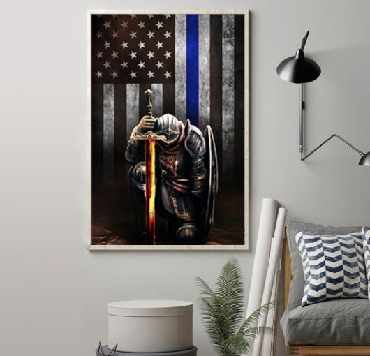 Warrior knight american blue line flag canvas 2