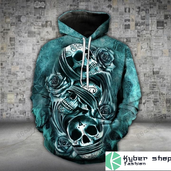Skull trio turquoise 3D hoodie and legging2