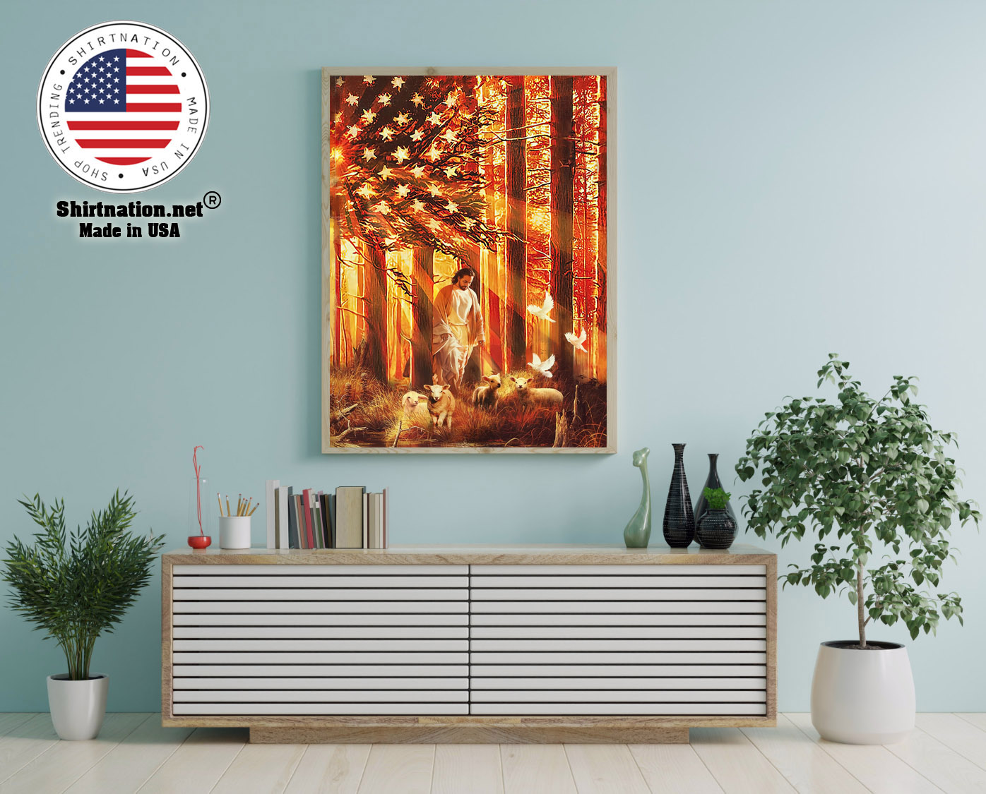 American flag Jesus walking with the lambs poster canvas 12