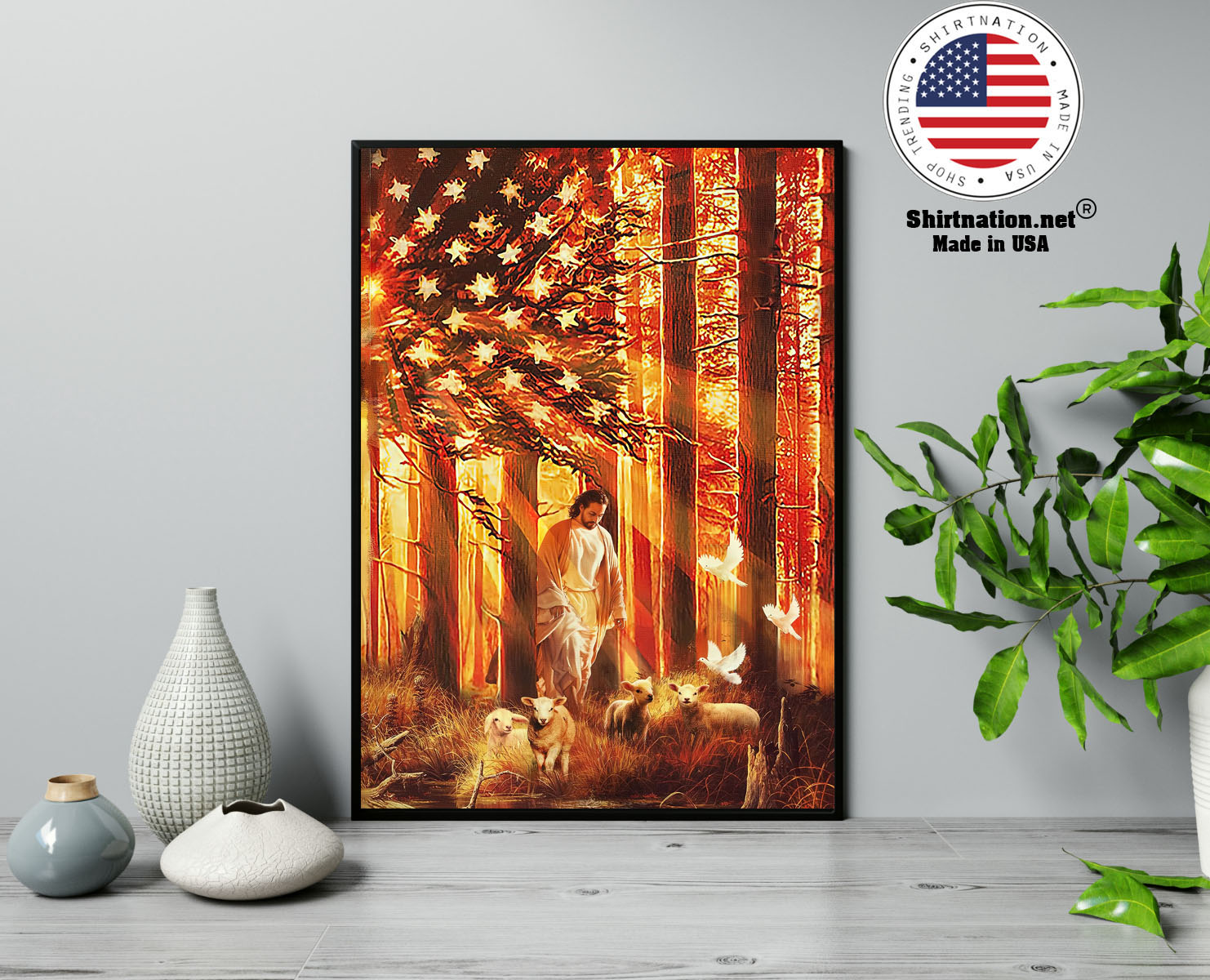 American flag Jesus walking with the lambs poster canvas 13