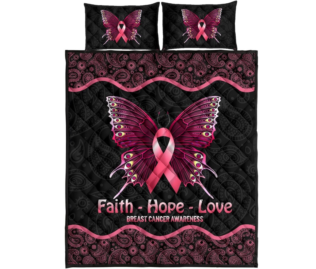 Butterfly faith hope love breast cancer awareness quilt bedding set4