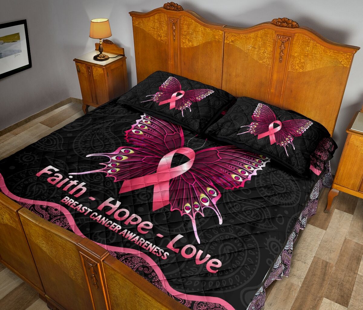 Butterfly faith hope love breast cancer awareness quilt bedding set3