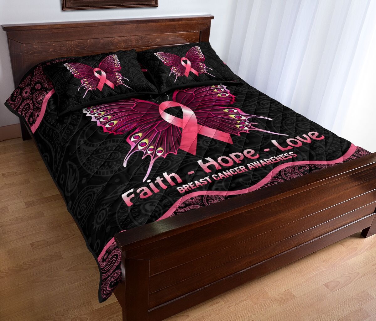 Butterfly faith hope love breast cancer awareness quilt bedding set2
