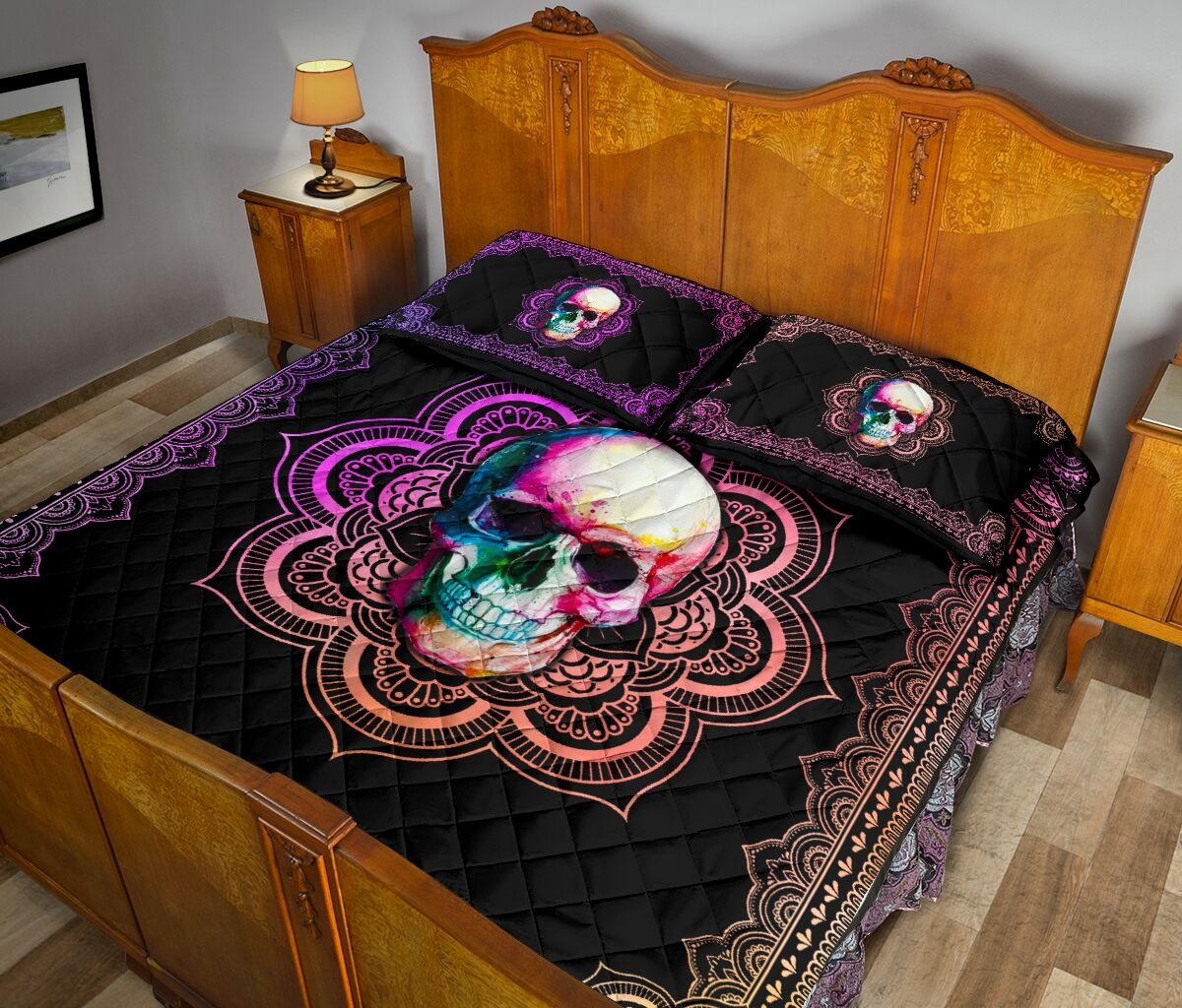 Skull mandala color quilt bedding set3