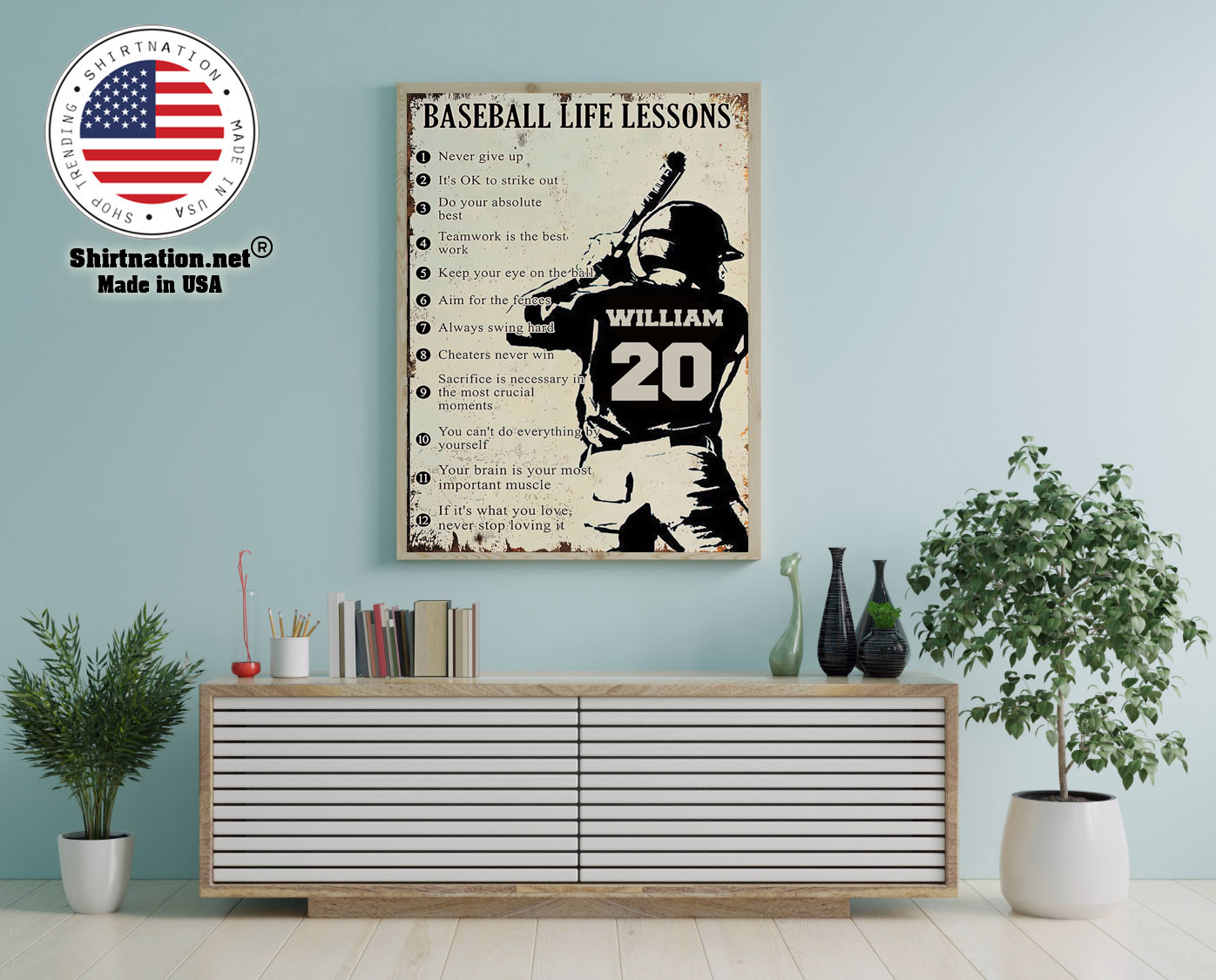 Baseball life lessons never give up its ok to strike out custom name number poster 12
