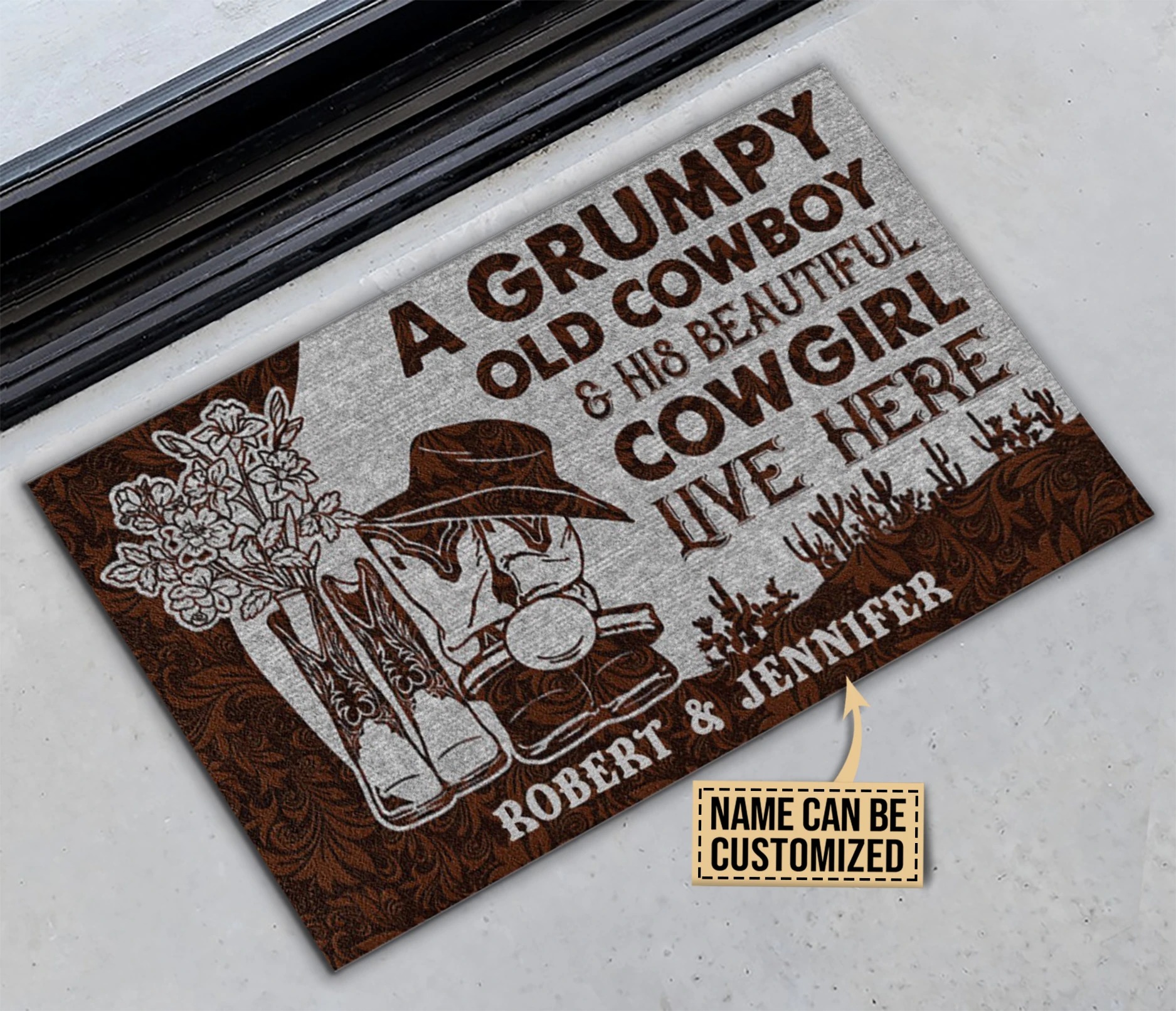 A grumpy old cowboy and his beautiful cowgirl live here custom name doormat2