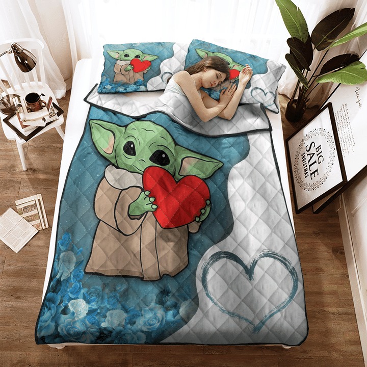 Baby Yoda heart flower quilt bedding set3 1