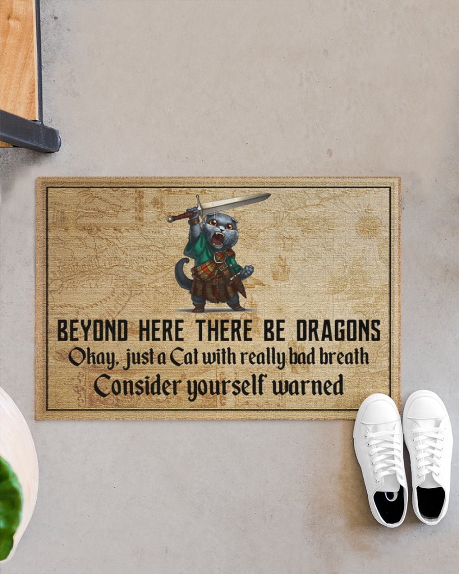 Cat with sword beyond here there be dragons doormat3