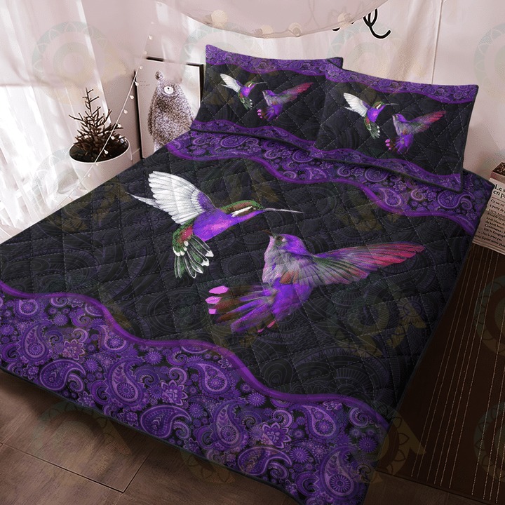 Hummingbird couple purple quilt bedding set2