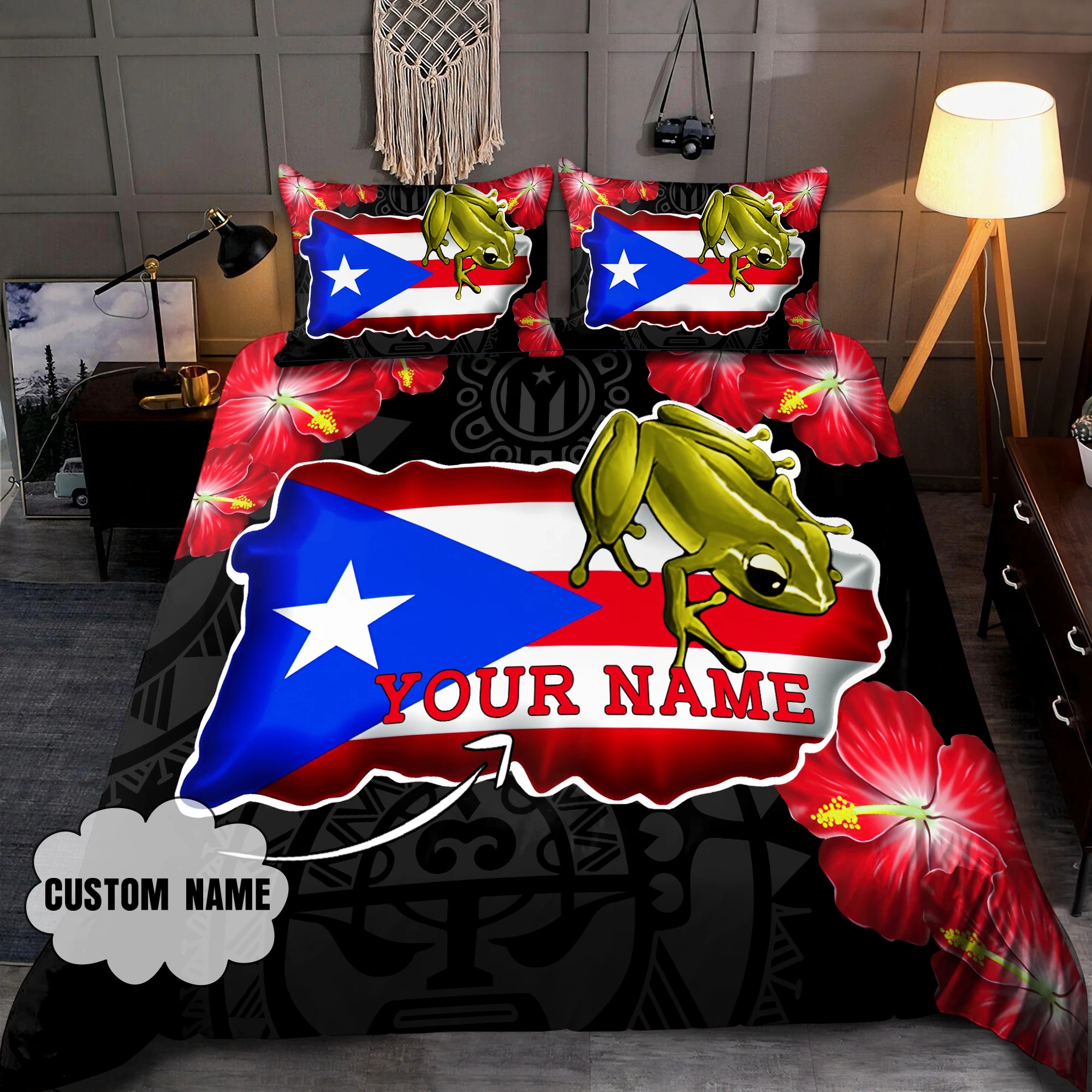Frog Coqui and love puerto Rico custom name bedding set3
