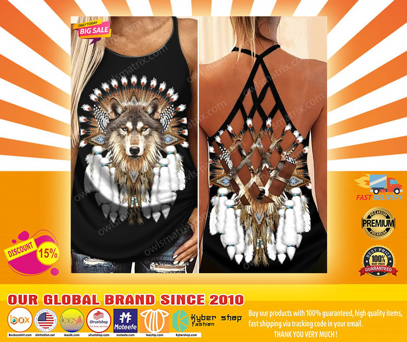 Native American wolf Criss cross Strappy tank top4