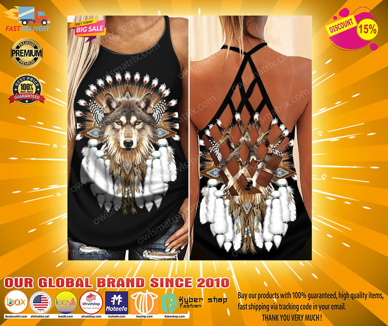 Native American wolf Criss cross Strappy tank top2
