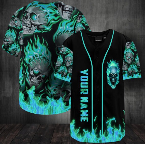 Sunny fire skull custom name baseball jersey shirt3