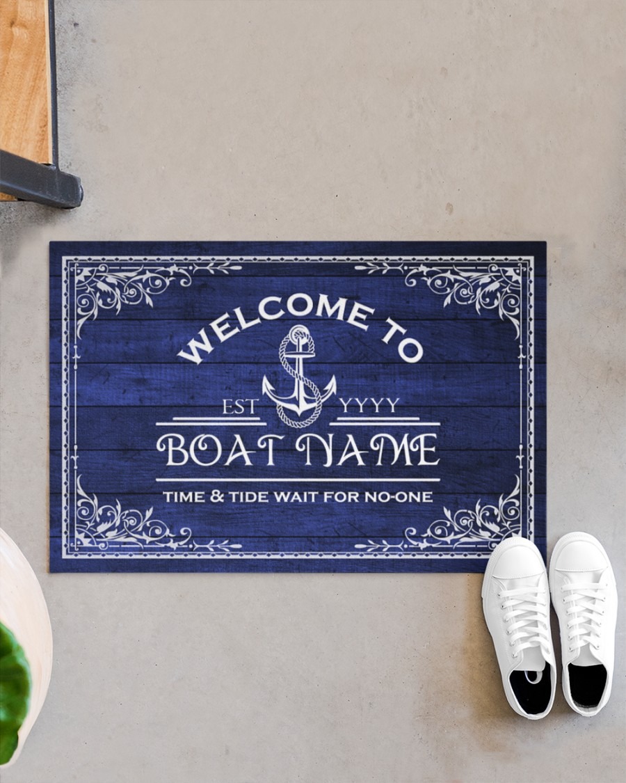 Welcome to time and tide wait for no one boat custom name doormat3