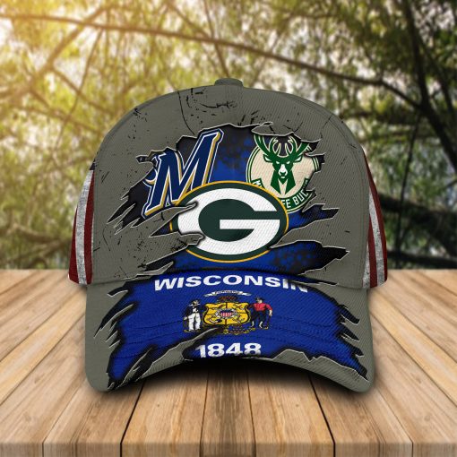 Wisconsin flag Green Bay Packers Milwaukee Brewers Milwaukee Bucks cap hat 1