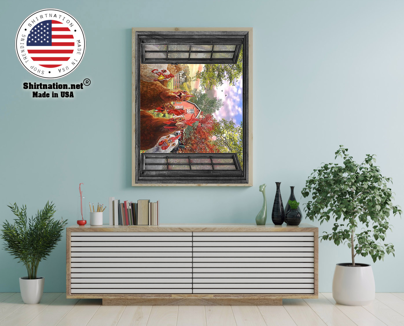 Rooster farmer window view poster 12