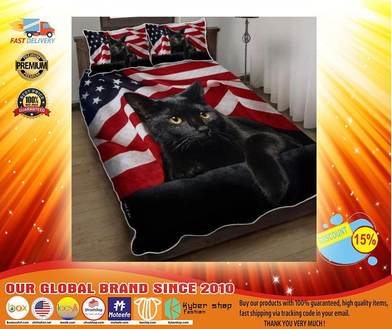 Black cat American flag quilt bedding set4