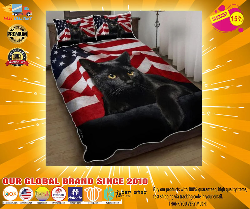 Black cat American flag quilt bedding set3