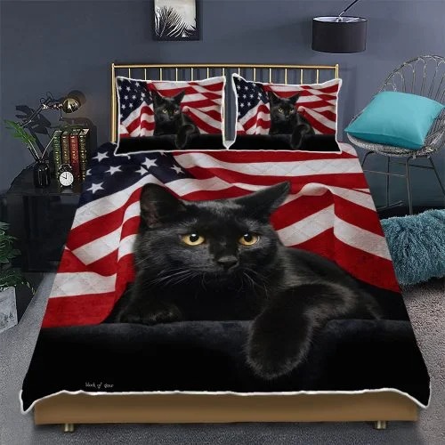 Black cat American flag quilt bedding set2