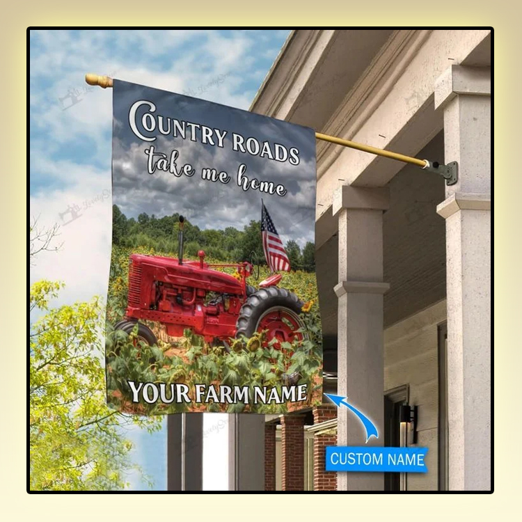 Red tractor country roads take me home personalized flag1