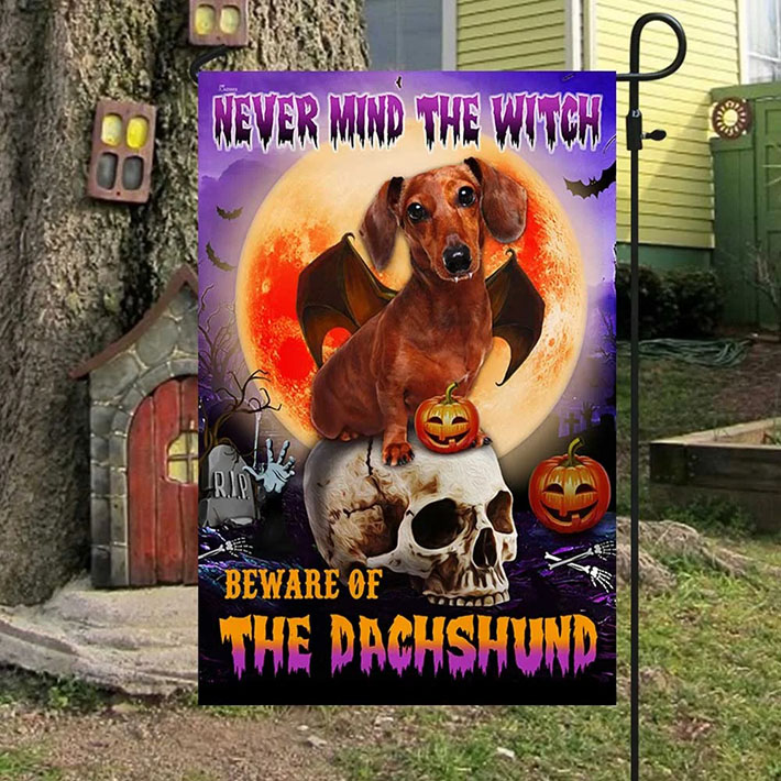 Skull Halloween Pumpkin Never Mind The Witch Beware Of The Dachshund Flag3