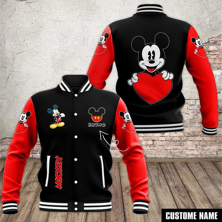 Mickey Mouse With Heart Custom Name Baseball Jacket