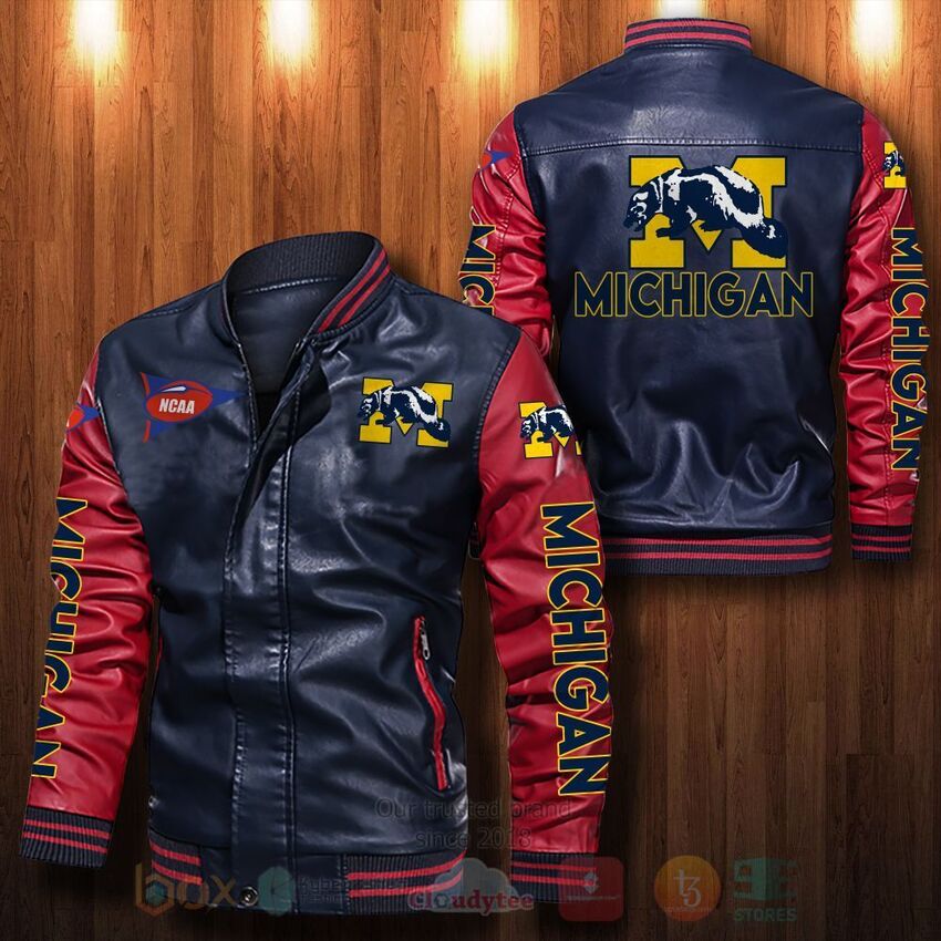NCAA Michigan Wolverines Leather Bomber Jacket 1 2 3