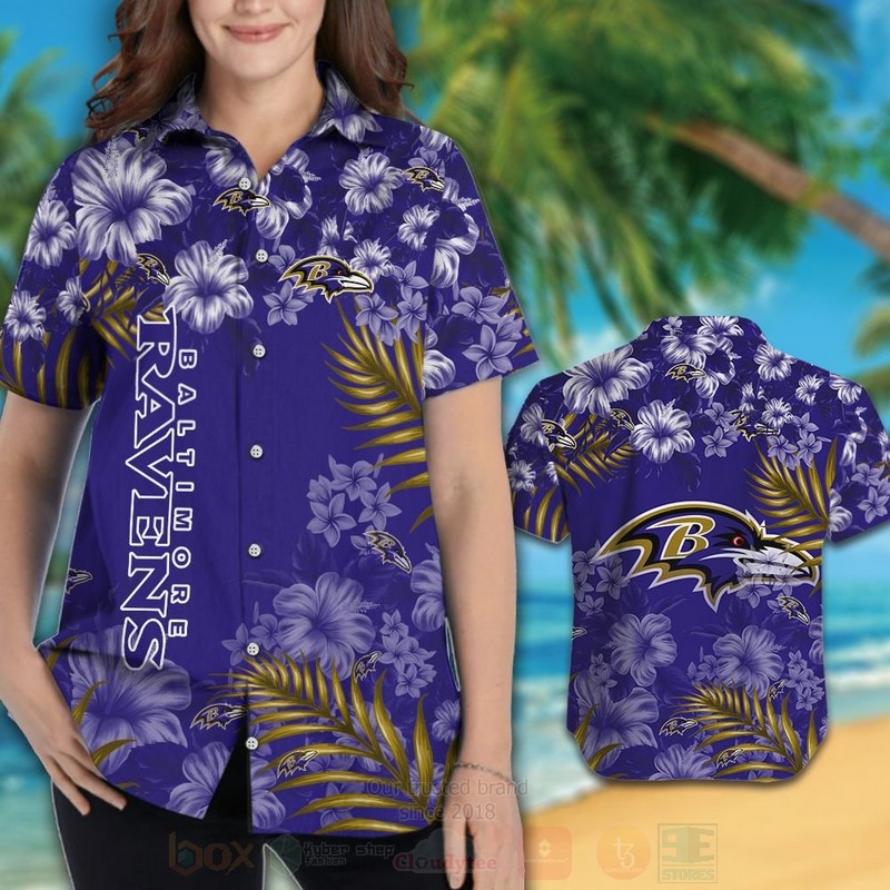 NFL Baltimore Ravens Blue Hibiscus Flowers Hawaiian Shirt Short 1