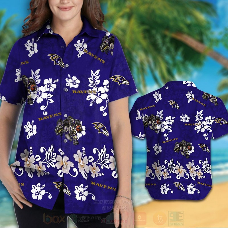 NFL Baltimore Ravens Full Navy Hibiscus Flower Hawaiian Shirt Short 1