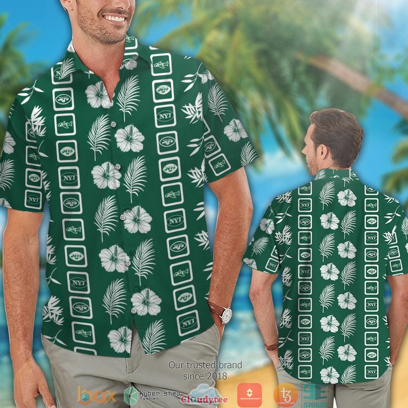 New York Jets Hibiscus Leaf Square Pattern Hawaiian Shirt short 1