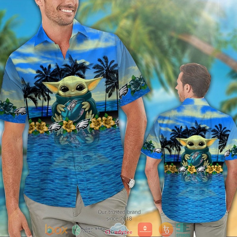 Philadelphia Eagles Baby Yoda Ocean Hawaiian Shirt 1