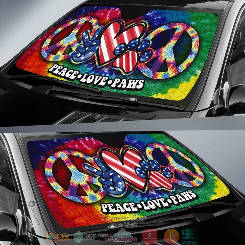 Hippie Tie Dye Peace Love Paw US Flag Great Car Sunshade 1