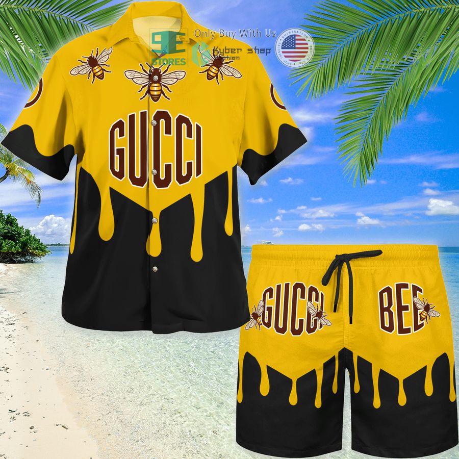 gucci bee black yellow hawaii shirt shorts 1 86864
