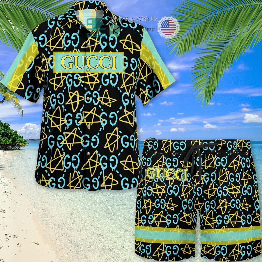 gucci blue black yellow pattern color hawaii shirt shorts 1 27684