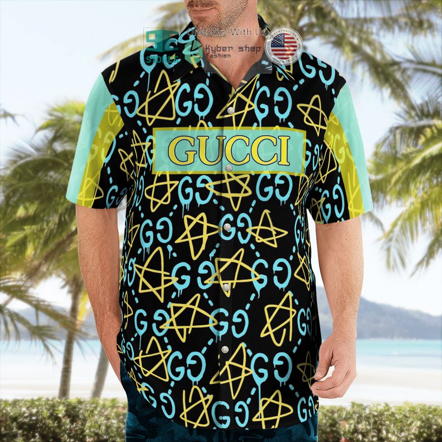 gucci blue black yellow pattern color hawaii shirt shorts 2 39235