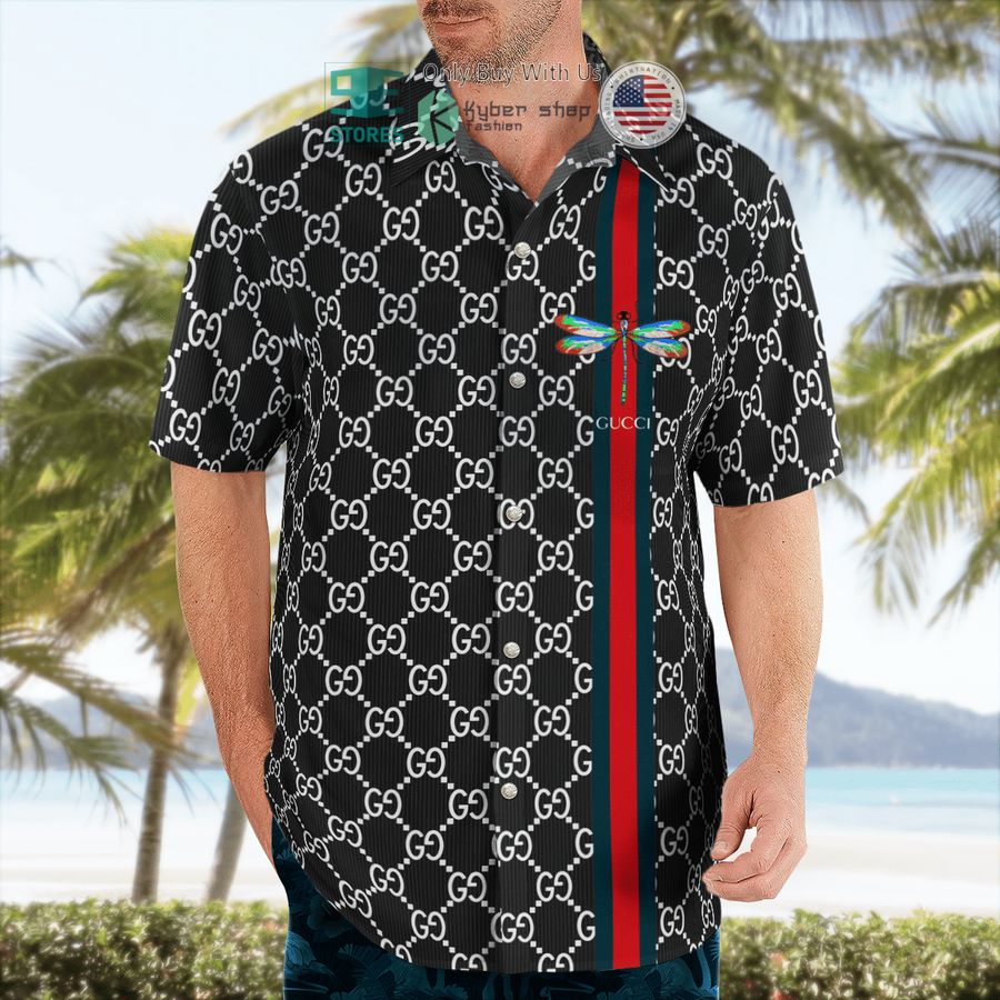 gucci dragonfly pattern black hawaii shirt shorts 2 11094