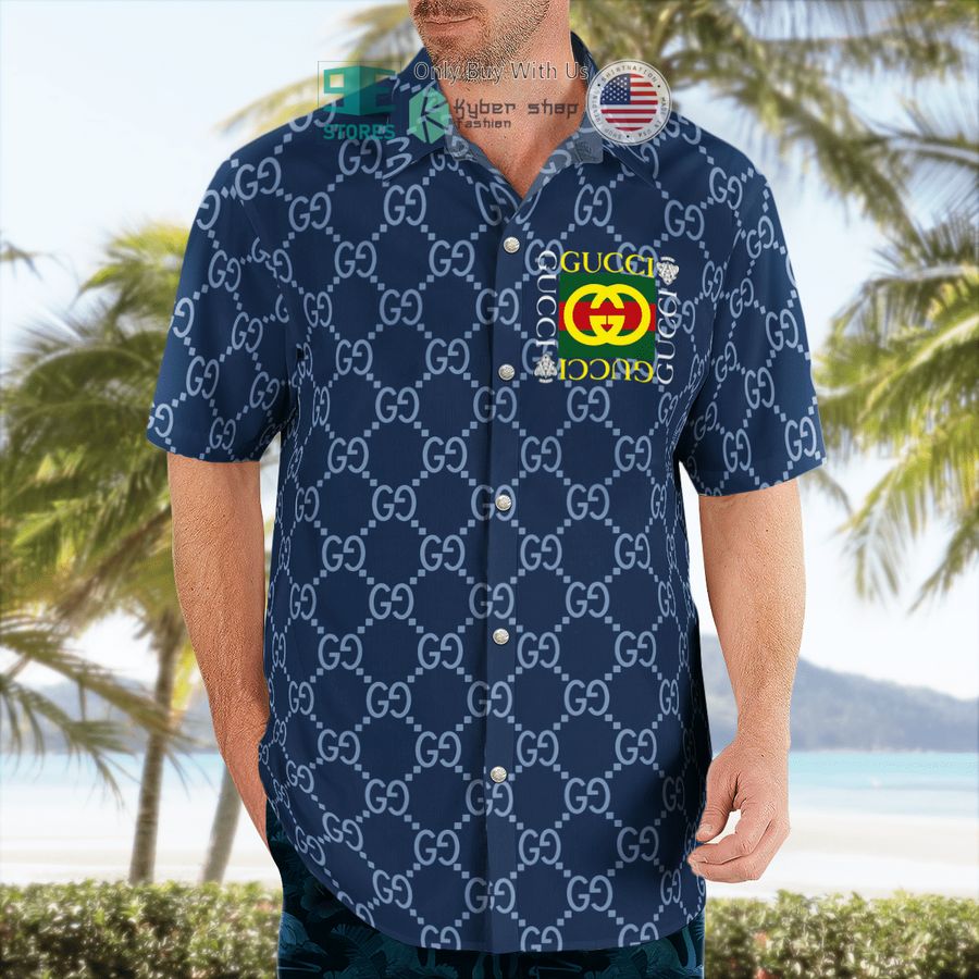 gucci yellow logo navy hawaii shirt shorts 2 9948