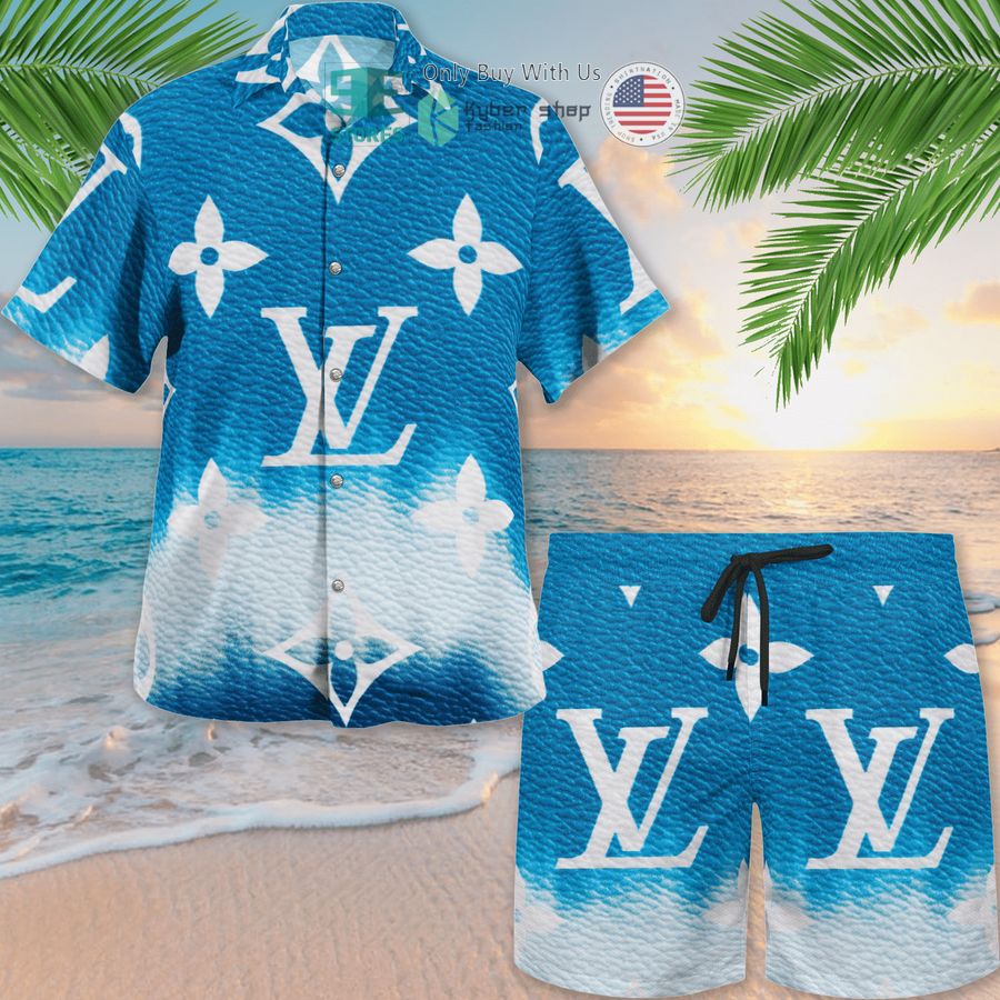 louis vuitton flower blue white hawaii shirt shorts 1 78452