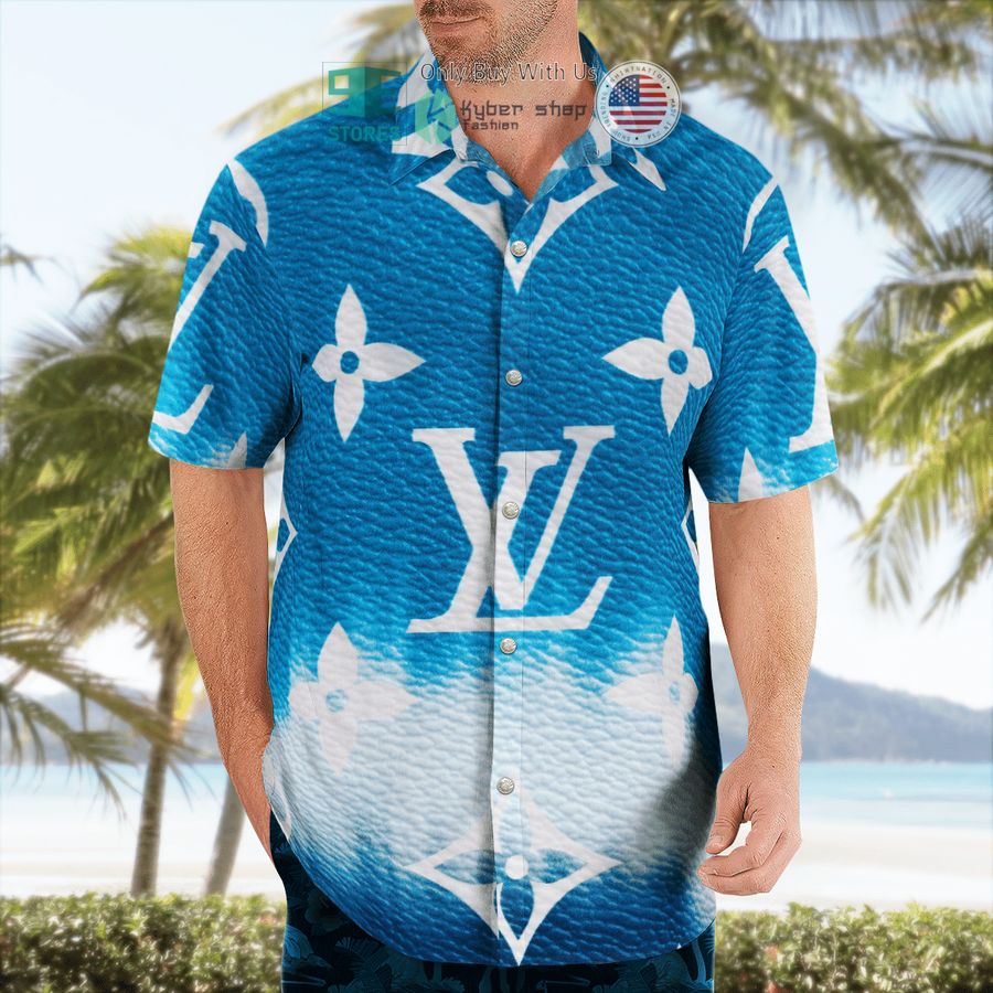 louis vuitton flower blue white hawaii shirt shorts 2 6724