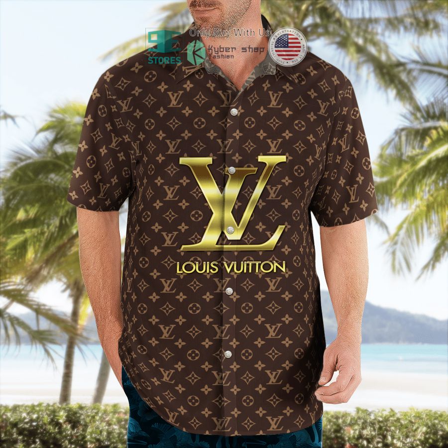 louis vuitton gold logo brown hawaii shirt shorts 2 42755