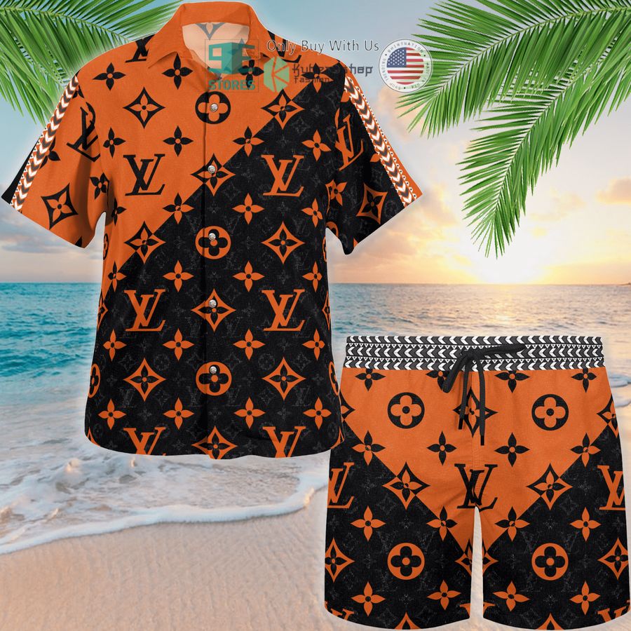 louis vuitton orange black hawaii shirt shorts 1 34741