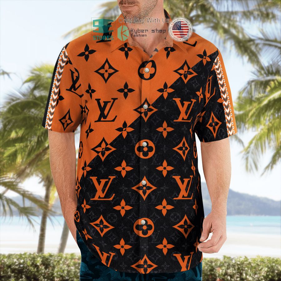 louis vuitton orange black hawaii shirt shorts 2 63322