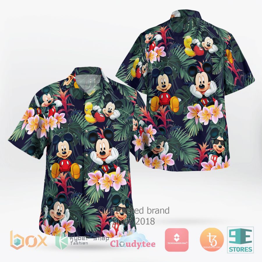 mickey mouse tropical leaves hawaiian shirt shorts 1 40932